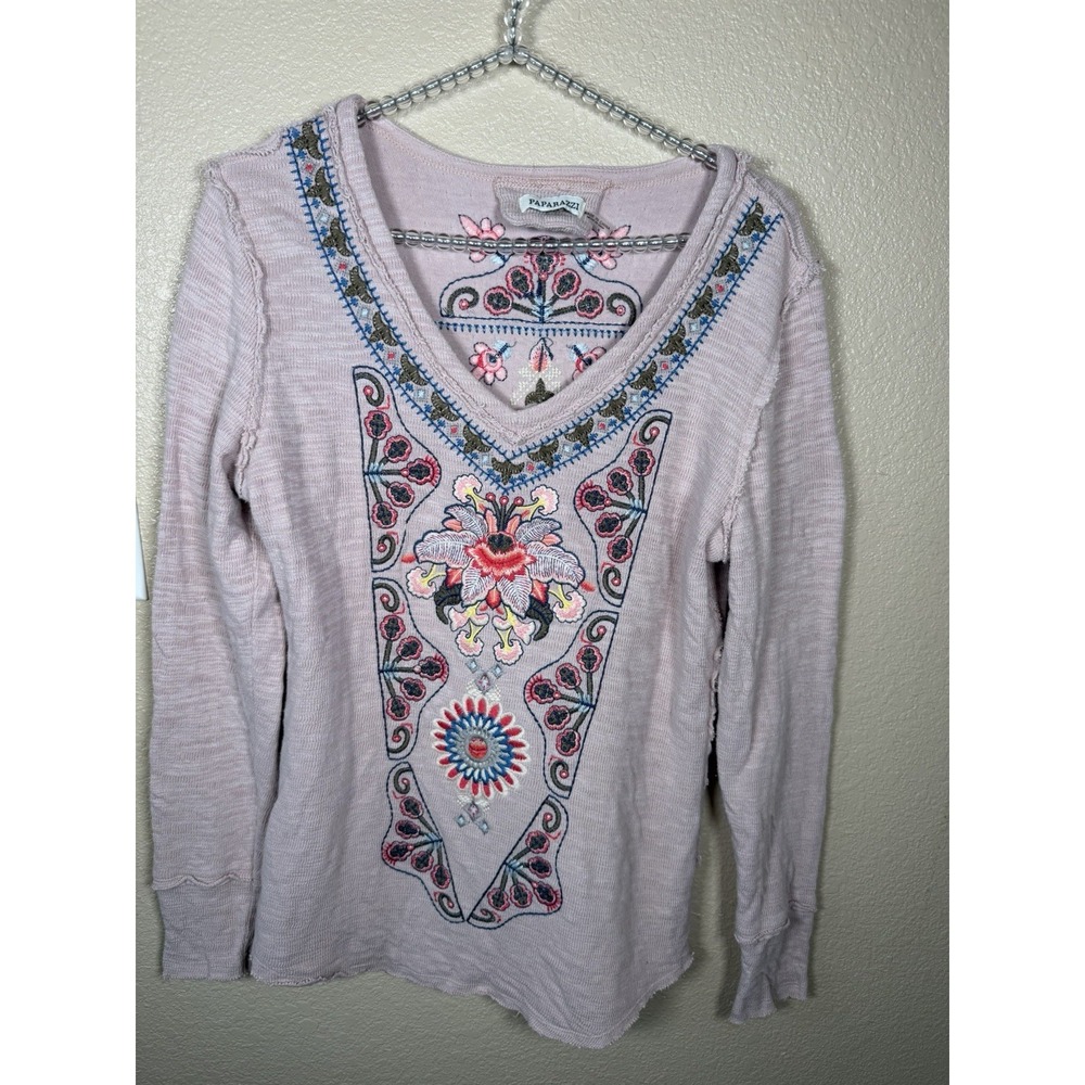 Paparazzi Embroidered Floral Boho Thermal Top Pink Long Sleeve Cotton Medium M